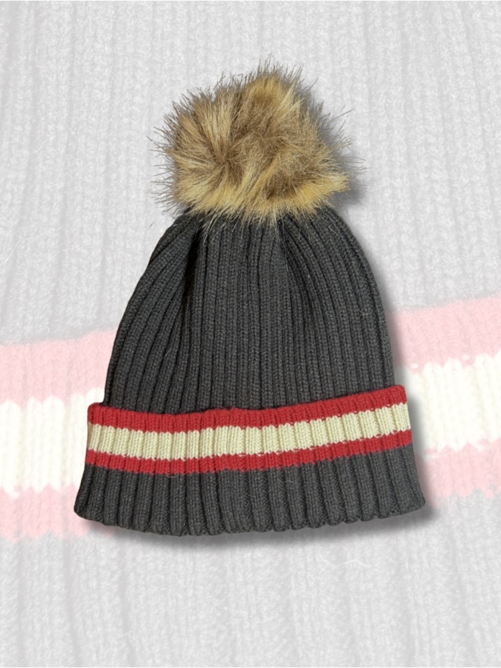 Ribbed Pom Beanie with Red & Cream Stripe - Dark Gray